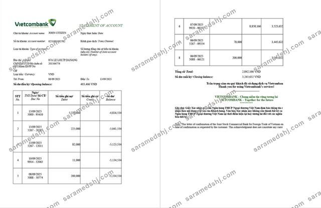 Vietnam Vietcombank statement of account Word and PDF template, 2 pages